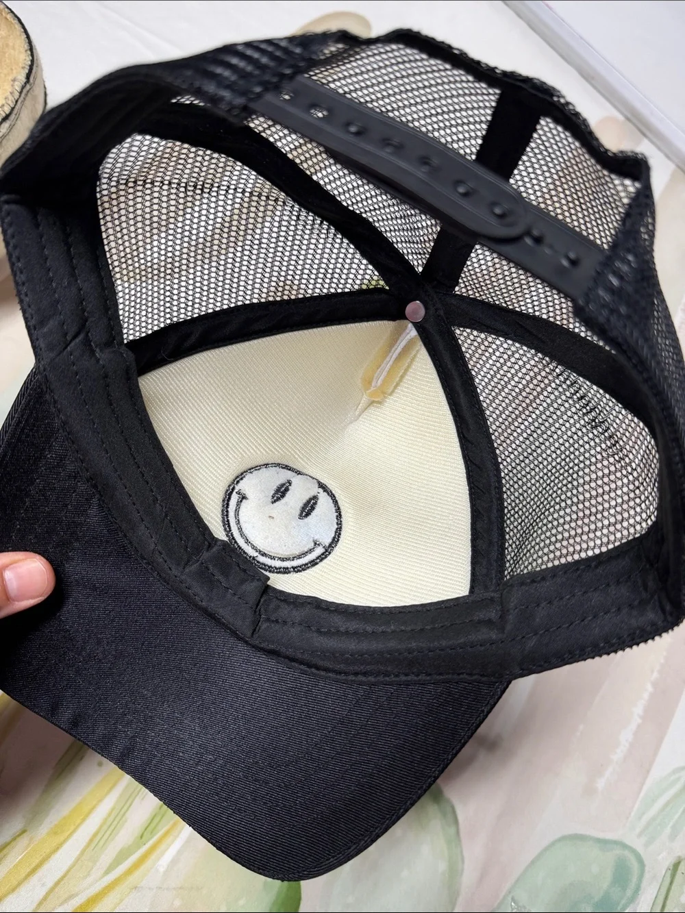 Black & White Trucker Hat with Yellow Smiley embroidery unisex